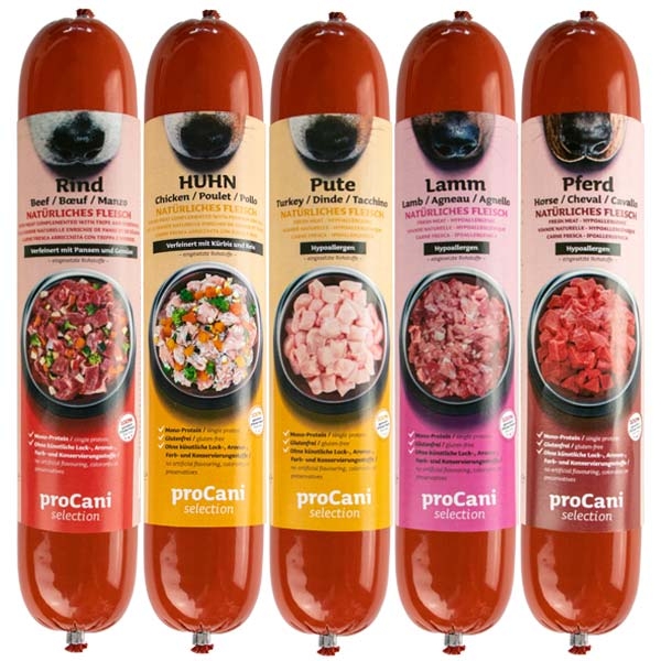proCani selection Kochwürste für Hunde - 10x400g Sparpaket 5 Sorten