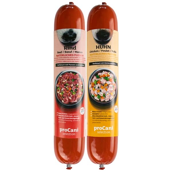 proCani selection Kochwürste für Hunde - 10x400g Sparpaket Rind und Huhn
